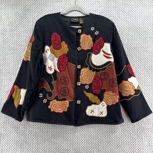 VTG Allure Jacket Women XL Black Brown Asian Art To Wear Wood Button Front Crew
